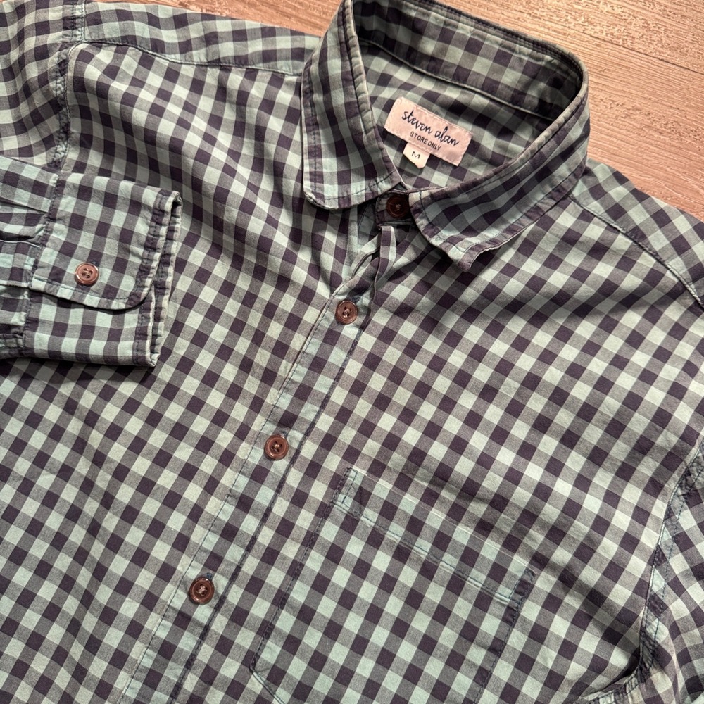 Steven Alan Shirt Men M Blue Gingham Check 100% Cotton Preppy Classicore Minimal